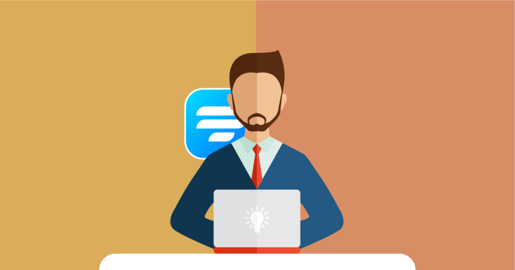 Illustration showing a man with laptop and Fluent Forms logo behind him