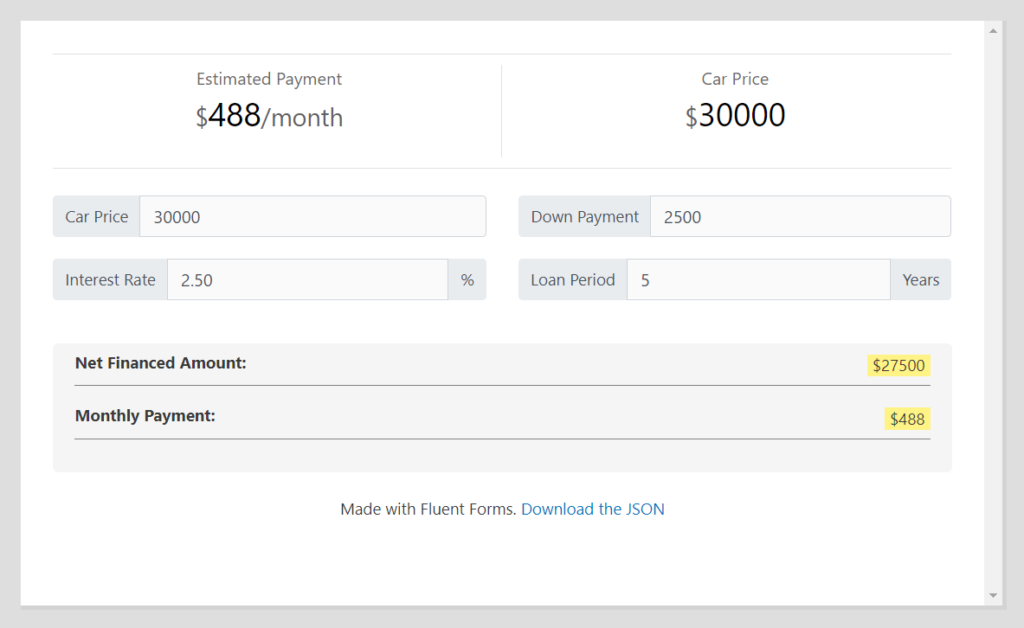 Fluent Forms Features - Car Loan Calculator