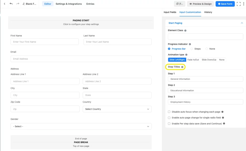 Step titles (Form Steps)- WordPress contact form builder