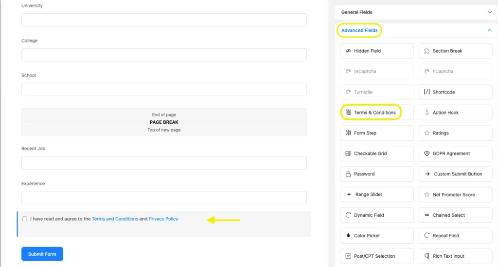 Terms & Conditions field- WordPress contact form builder