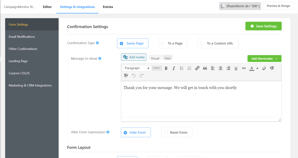 Fluent Forms Settings for Confirmation