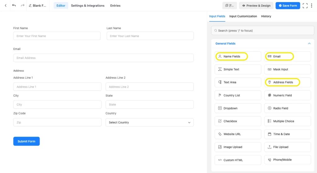 General input fields- WordPress contact form builder