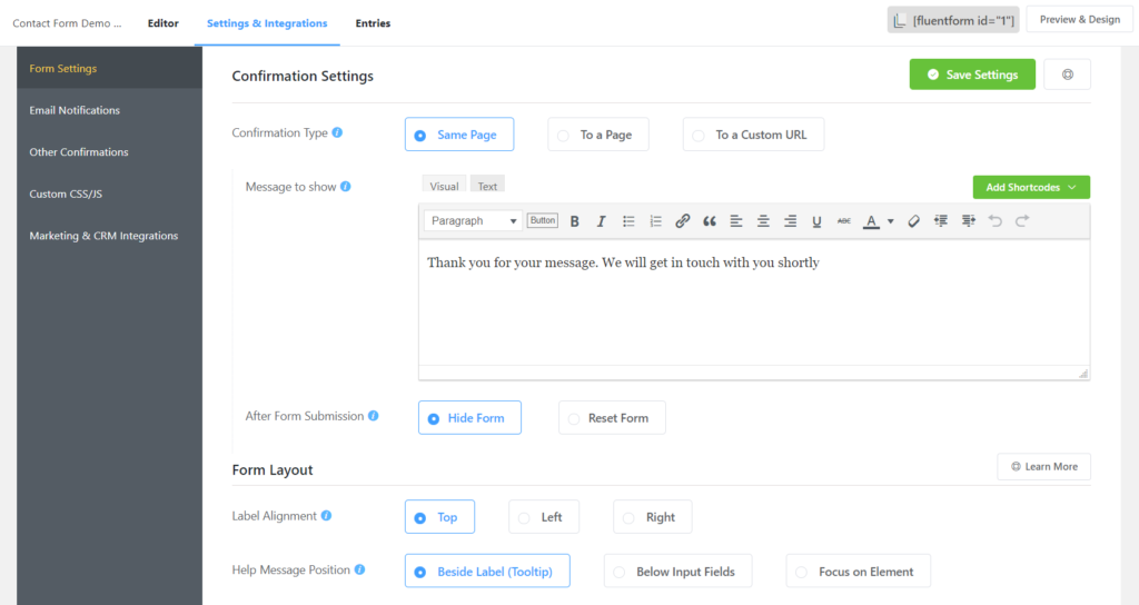 WordPress forms settings