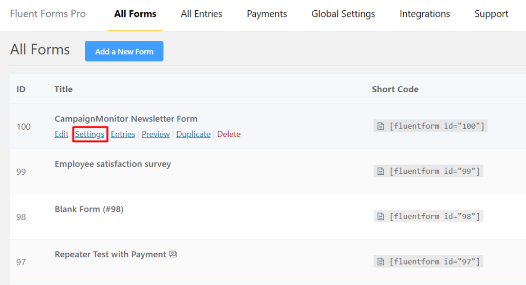 Fluent Forms Settings