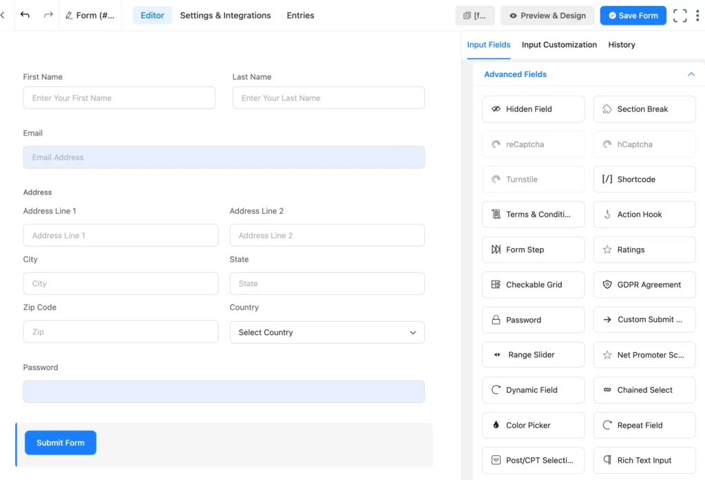 user registration form