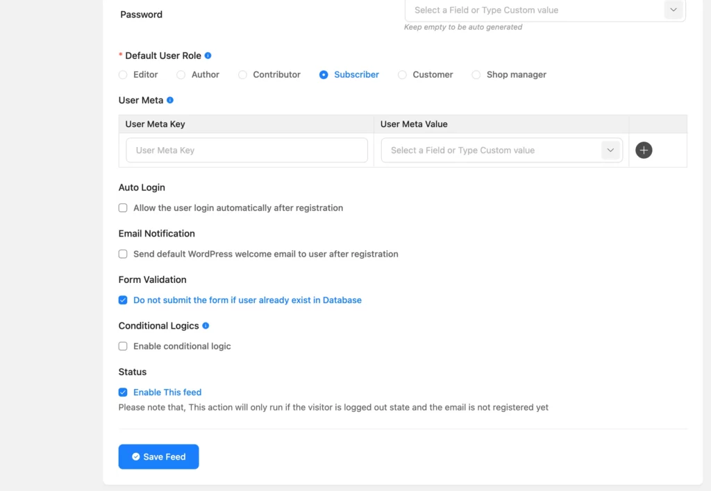 WordPress registration form
