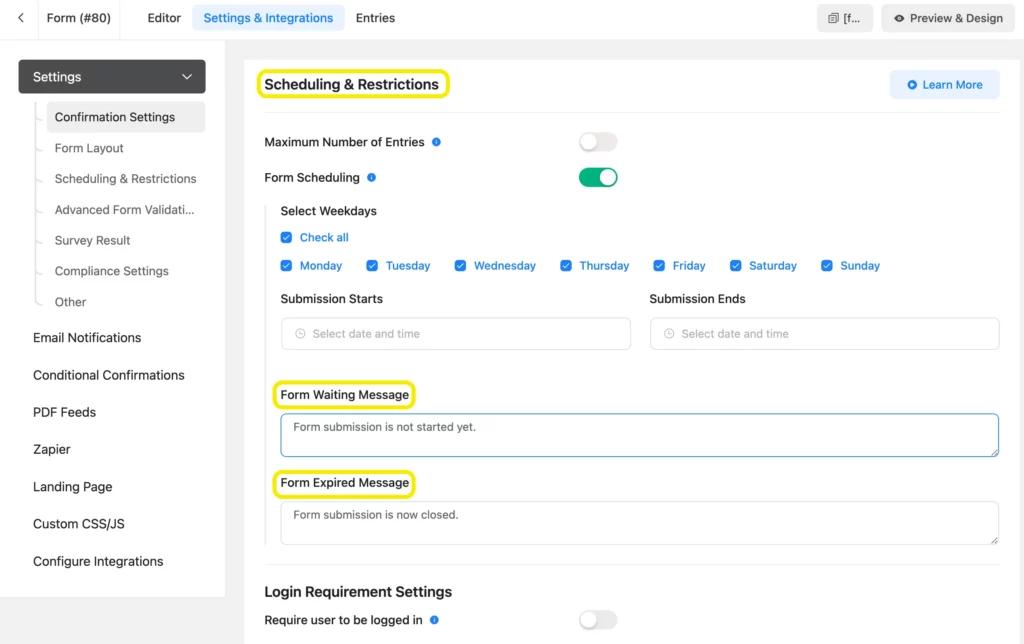 WordPress form scheduling