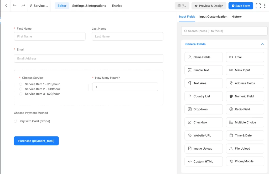 Fluent Forms service order template