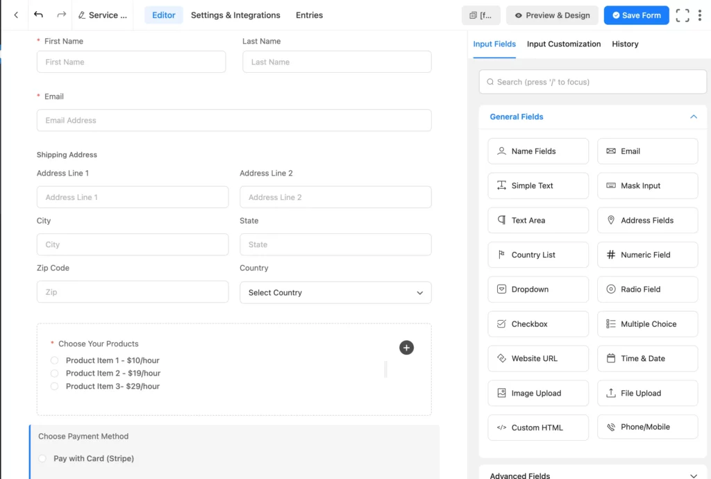Fluent Form product order template