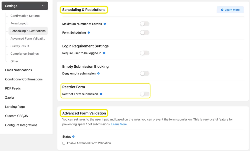 WordPress form scheduling and restriction