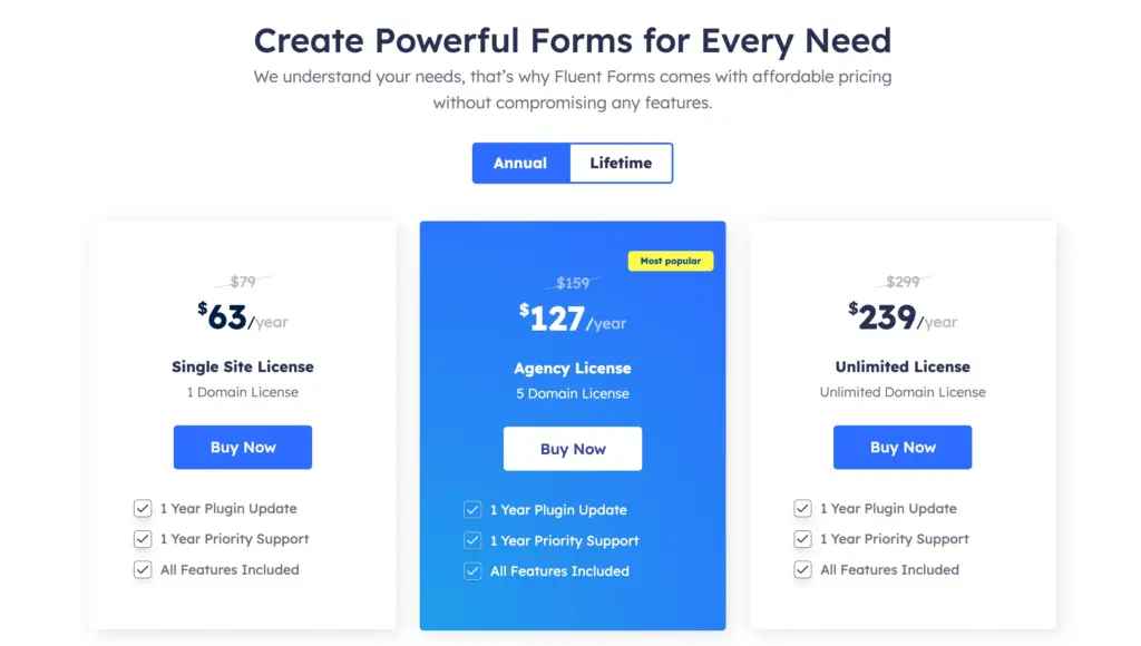 Fluent Forms pricing: $79/year (Single Site), $159/year(5 Domain License), $299/year(Unlimited License)