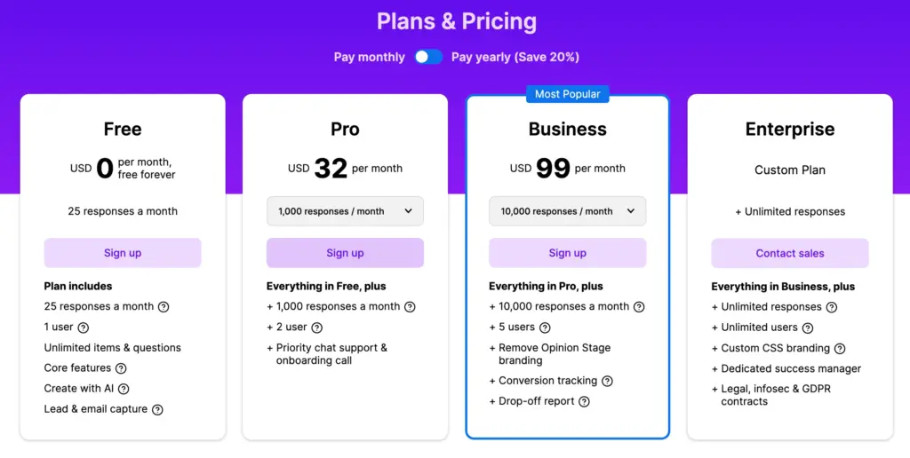 Opinion Stage Plans and Pricing, compare easily with Fluent Forms