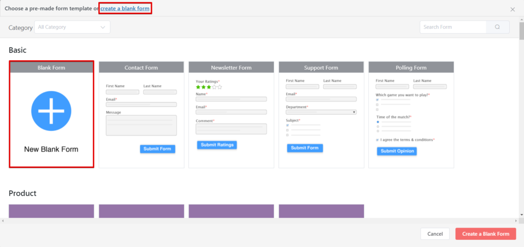 Fluent Forms - create a blank form