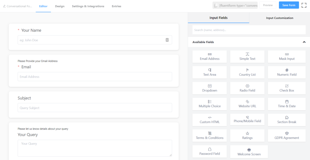 Fluent Forms editor for Conversational Forms