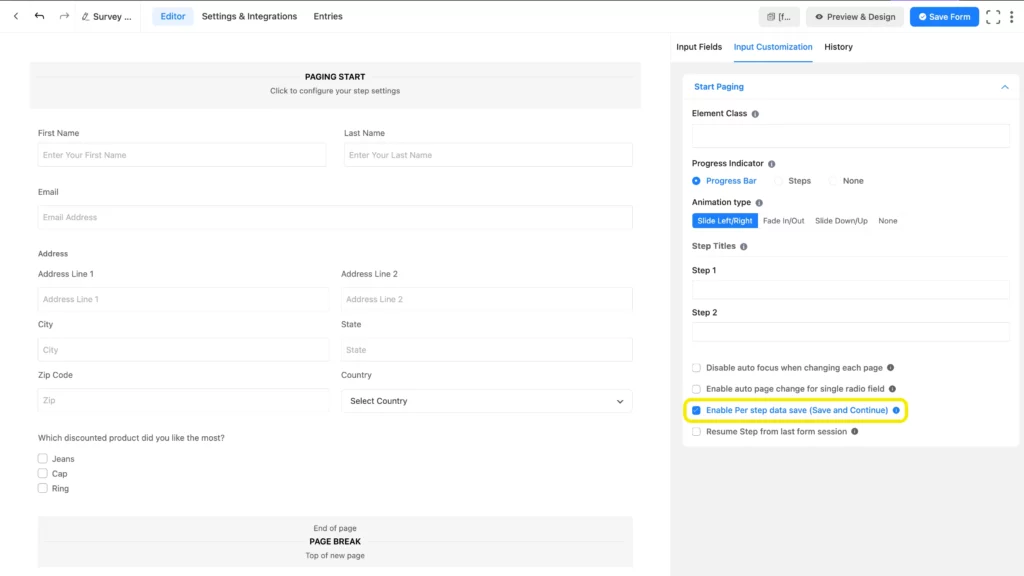 Fluent Forms Partial Entries- Enable per step data save