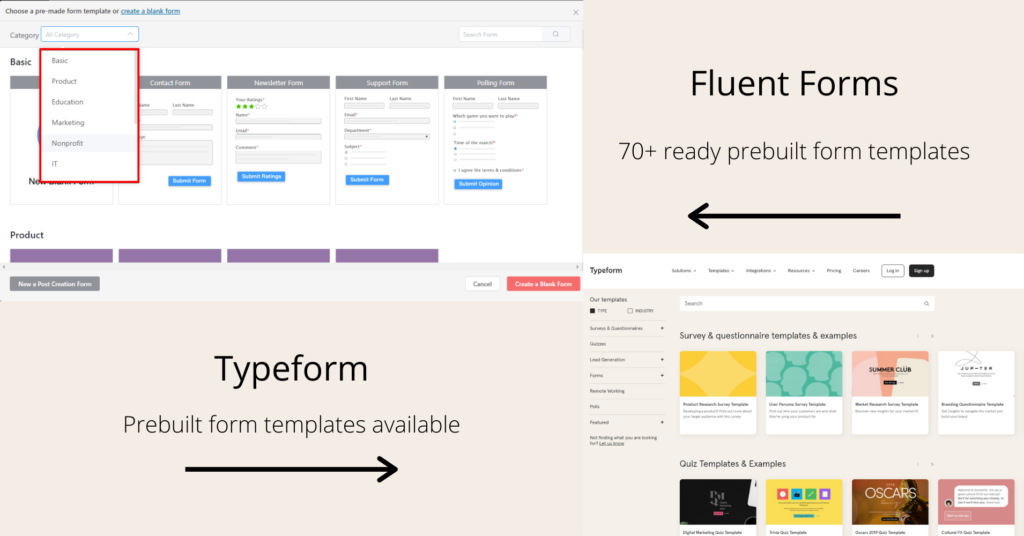 Typeform vs Fluent Forms - prebuilt form templates