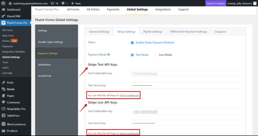 Stripe API Keys - Fluent Forms Pro