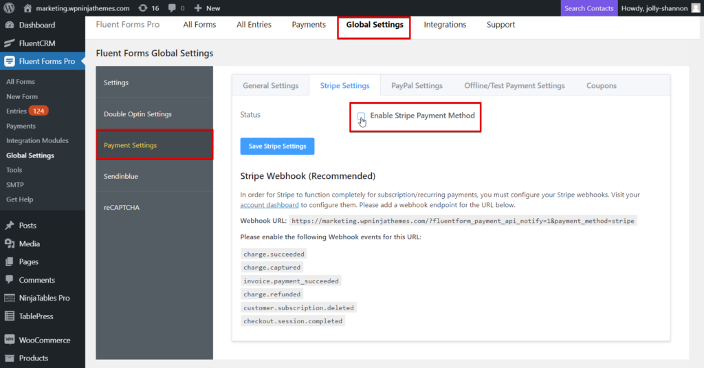 Enable Stripe Payment Module - Fluent Forms Pro