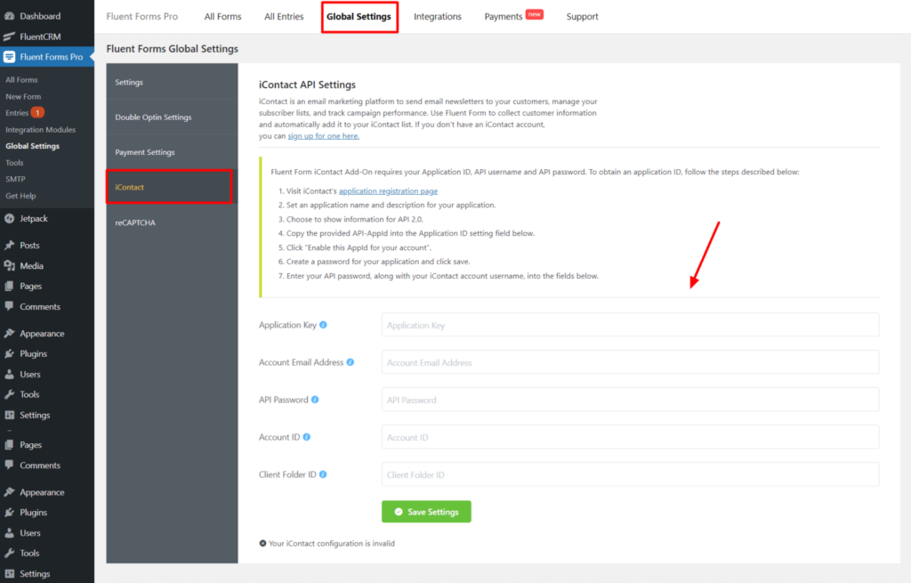 Global Settings iContact - Fluent Forms 