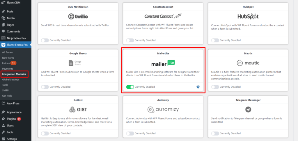 MailerLite integration module in Fluent Forms pro