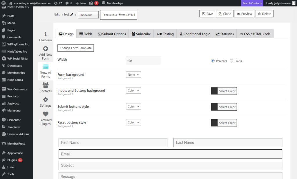 Form editor -  Contact Form by Supsystic