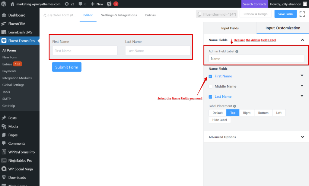 name field - order form template - fluent forms