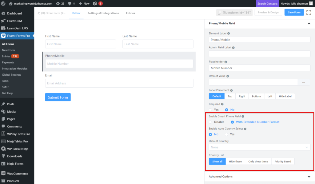 phone number field - fluent forms