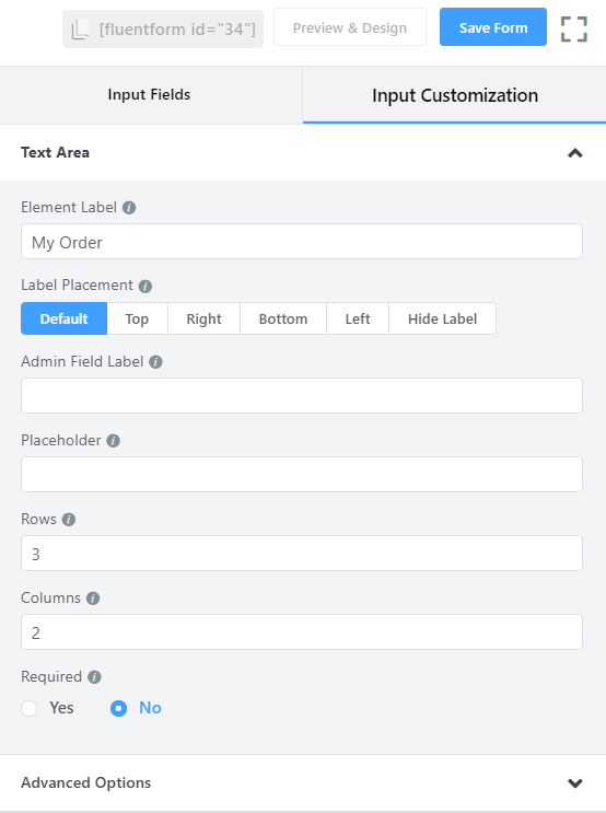 text area field - fluent forms