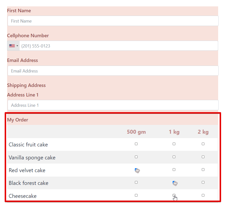 checkable grid field - fluent forms