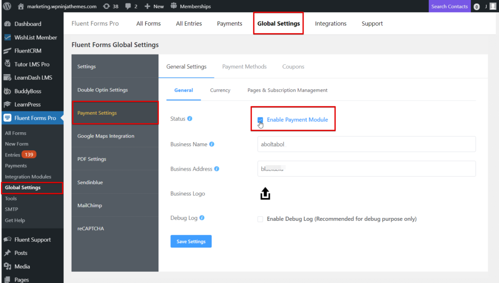 enable payment module - for paystack integration - fluent forms