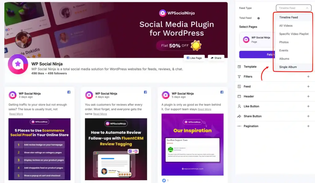 different facebook feeds for wp social ninja embed