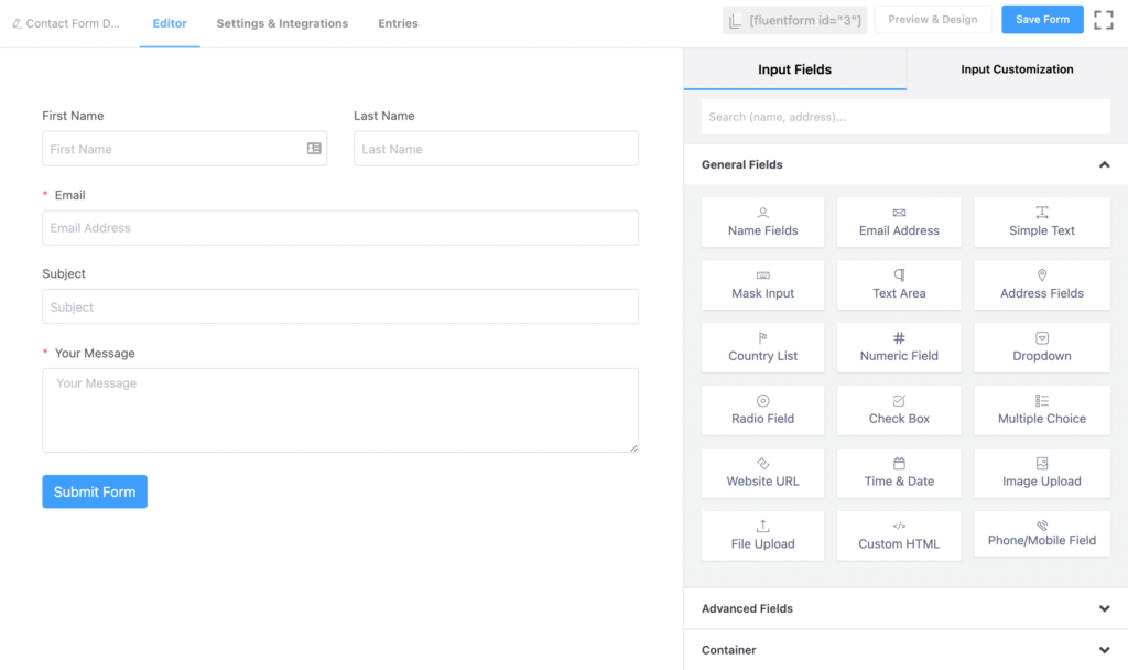 Fluent Forms editor