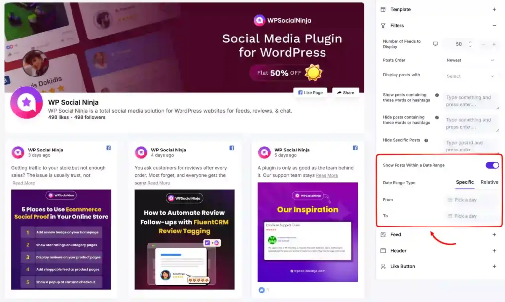 filter facebook feeds timeline based on specific date range