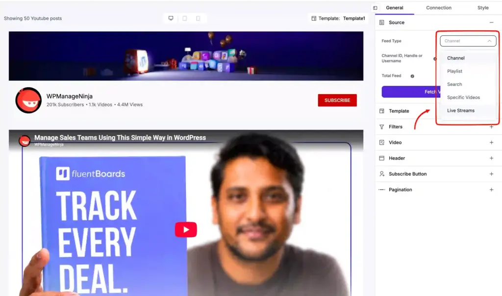 different youtube feeds for embedding with wp social ninja