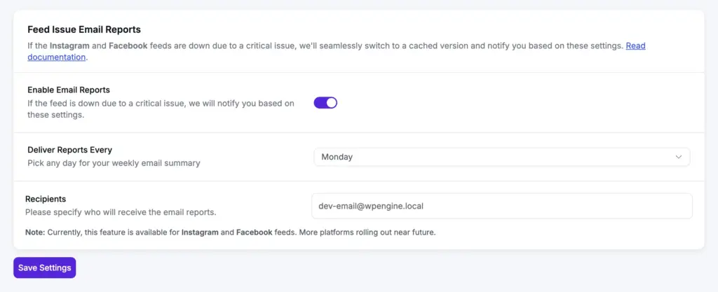 feed issue email report feature of wp social ninja