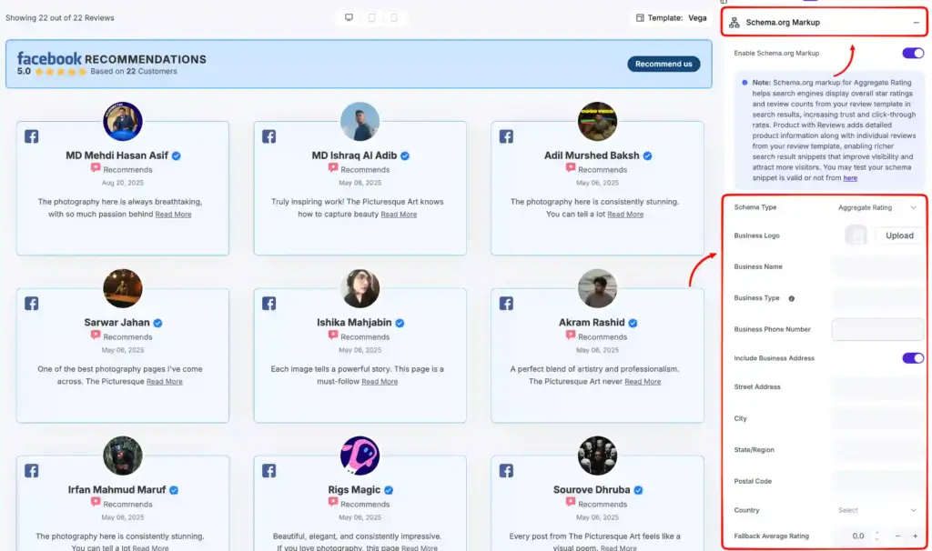 wp social ninja review schema features