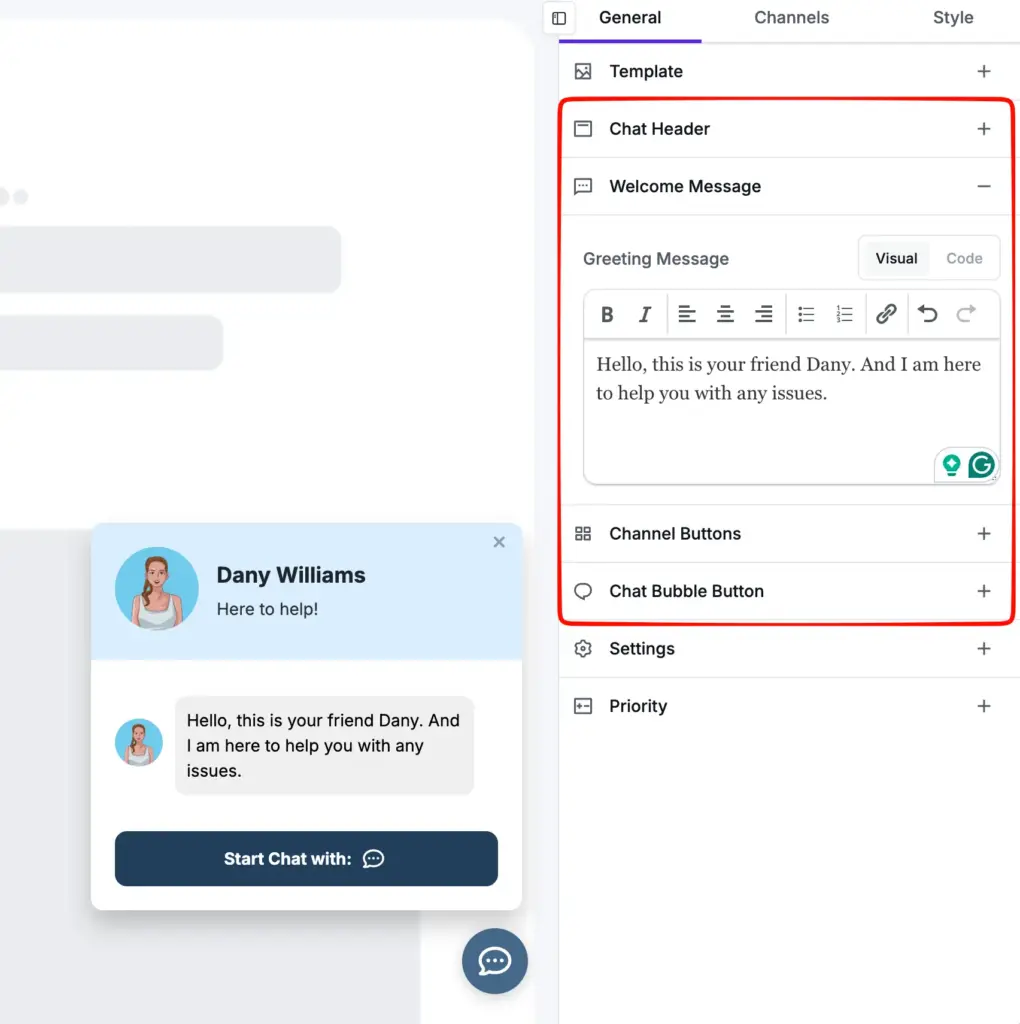chat widget general customization features of wp social ninja