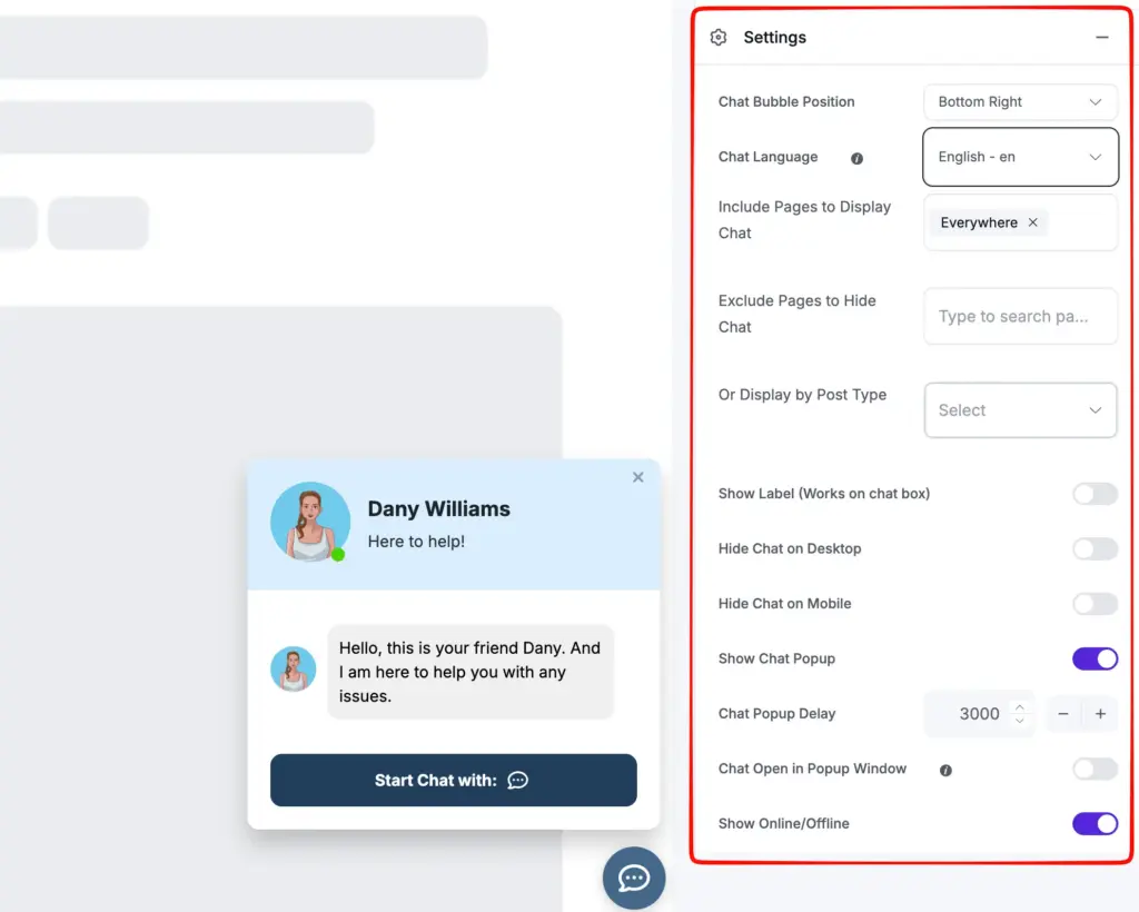 advanced setttings for chat widgets connected with wp social ninja