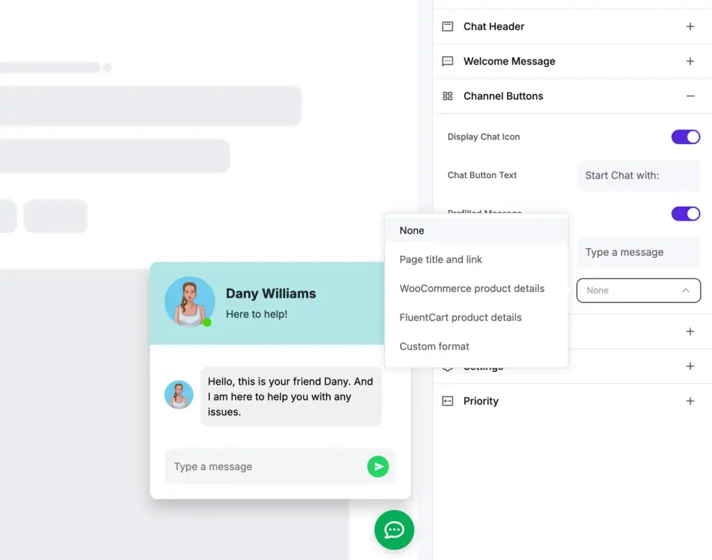 context specific whatsapp chat widget prefilled messege features