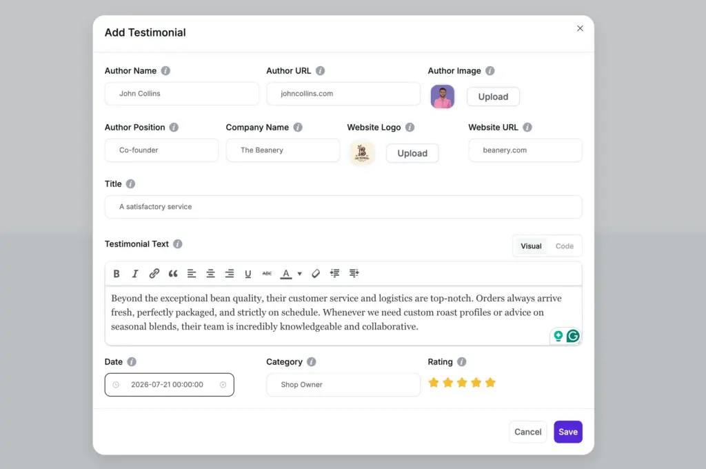 testimonial collection form of wp social ninja