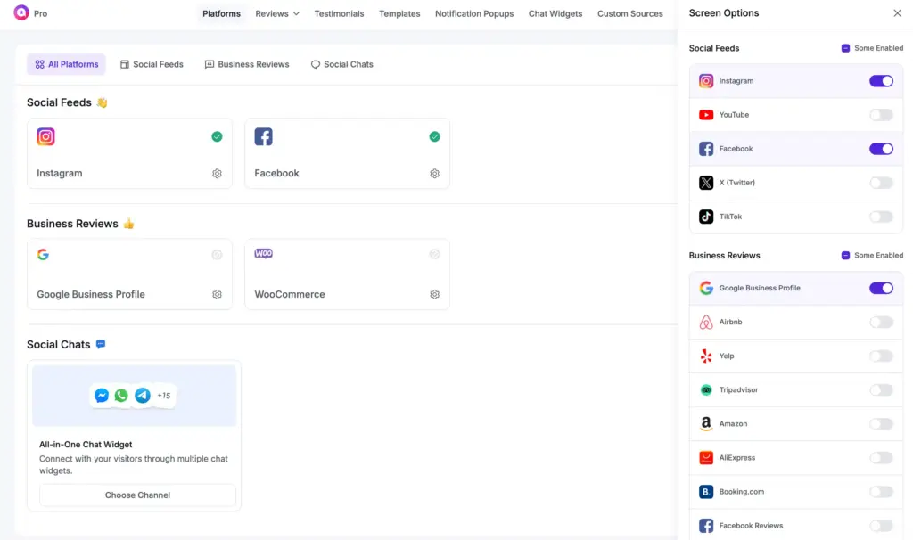 screen option selection feature on wp social ninja dashboard