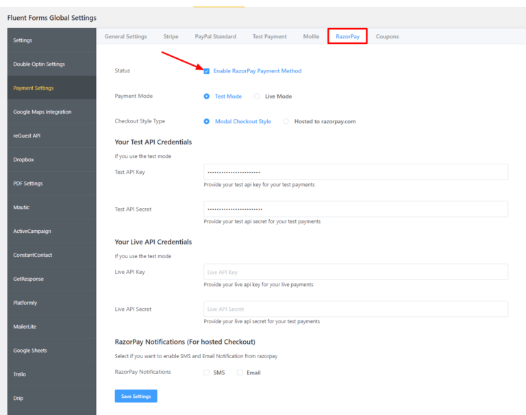 Configure Razorpay for embedded checkout