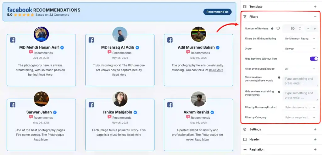 wp social ninja filters for business reviews
