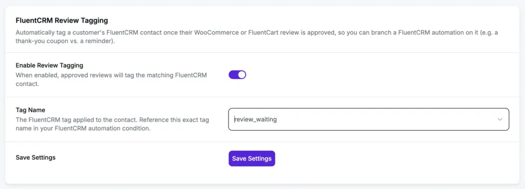 fluentcrm review tagging feature for business reviews