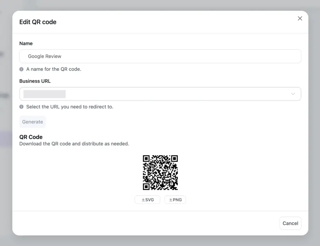 qr code generated for business reviews collection