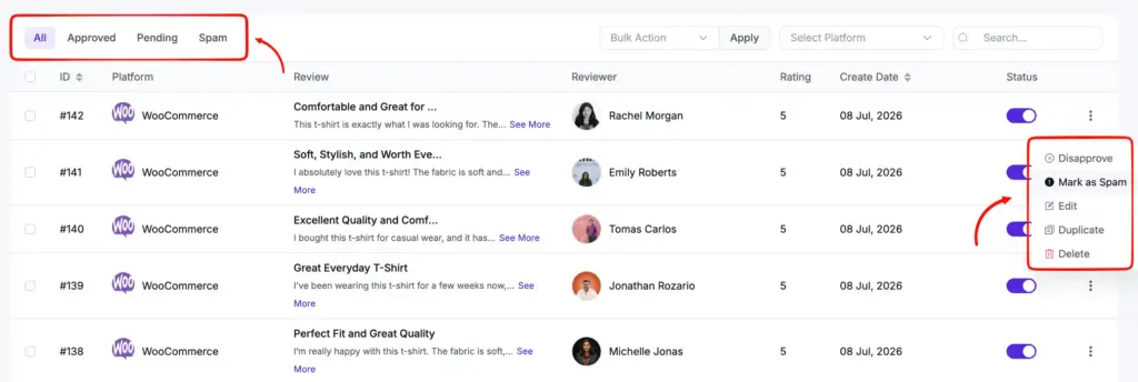 reviews moderation dashboard of wp social ninja