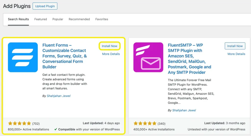 Add plugin - Install Fluent Forms