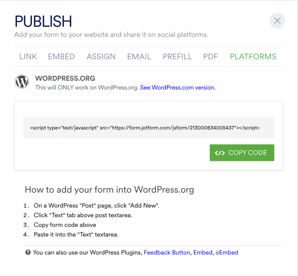 JotForm vs Fluent Forms - publish JotForm in WordPress