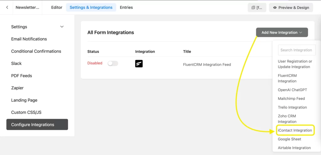 Add iContact Integration - Fluent Forms