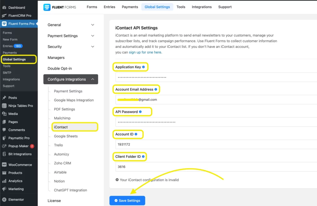Global Settings- iContact Fluent Forms integration